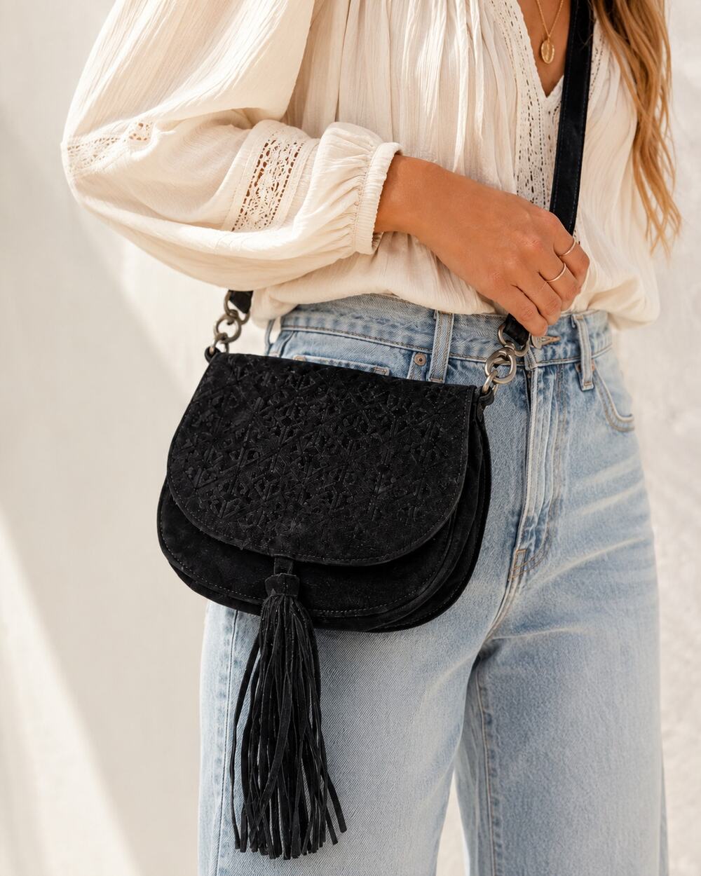 World Market Black Suede Leather Fringe Crossbody Handbag Purse Boho Casual